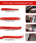 Four-piece auto trim removal tools shown with dimensions and uses, part of 17 Piece Mechanic Hook And Pick Tool Set With Auto Trim Removal Kit.