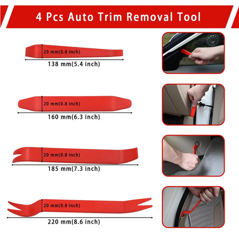 Four-piece auto trim removal tools shown with dimensions and uses, part of 17 Piece Mechanic Hook And Pick Tool Set With Auto Trim Removal Kit.