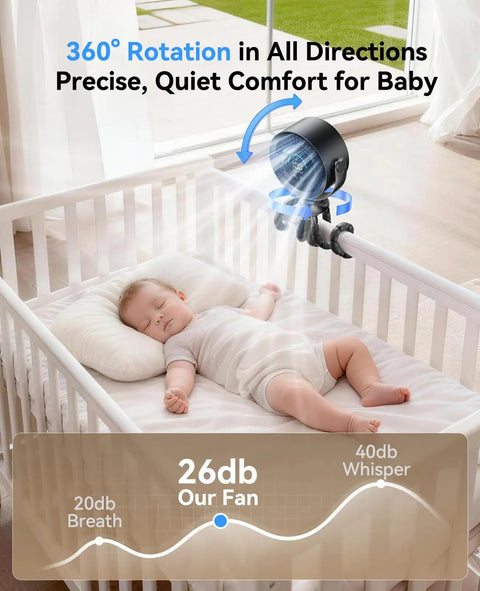 Portable Baby Stroller Clip Fan With 360 Degree Rotation on crib, quiet operation with LED display, black