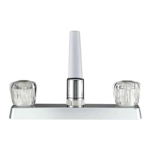 RV Kitchen Sink Faucet With Crystal Acrylic Knobs High Grade Plastic Construction Drip Free Washerless Cartridges Long Reach Spout Easy Temperature And Water Flow Control Lightweight Synthetic Waterway Chrome Finish