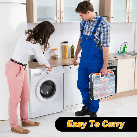 Man holding 3 Pack Double Sided Toolbox Organizer With 34 Removable Compartments Handy Hardware Storage Case in kitchen