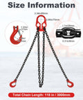 Three-chain lifting sling with red dual-hook yoke and black chains; total length 118 in (3000 mm).