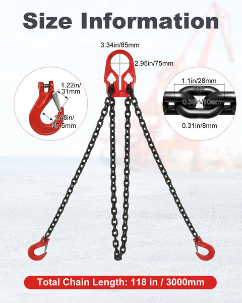 Three-chain lifting sling with red dual-hook yoke and black chains; total length 118 in (3000 mm).