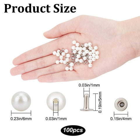 100 Piece Pearl Rivets And Pins Kit For Clothing Decoration 6mm White Round Plastic Pearl Buttons in hand showing size
