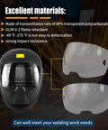 Five Pack A50 Clear Lens Front Cover For Welding Helmet Replacement Viewing Lenses 3.93 By 2.36 Inches displayed with helmet