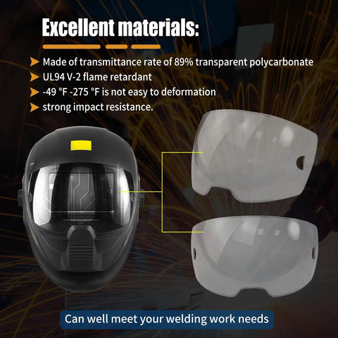 Five Pack A50 Clear Lens Front Cover For Welding Helmet Replacement Viewing Lenses 3.93 By 2.36 Inches displayed with helmet