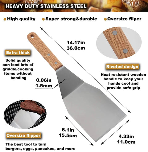 Heavy duty stainless steel spatula with wooden handle from the Eight Piece Griddle Tools Set Pro Grade Heavy Duty Stainless Steel Spatula Kit For Grill Griddle Hibachi Flat Top Outdoor Cooking With Scraper Brush Chopper And Bottles Ideal Gift For Grill Lovers Birthday Or Wedding