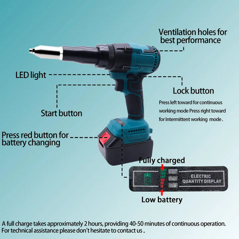 SignalSparkle Brushless Cordless Rivet Gun 21V With Two Batteries showing ergonomic handle and battery indicators for metal fastening.