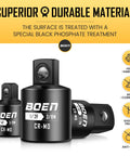Four Piece Impact Socket Adapters And Reducers Set For One Quarter Three Eighths And One Half Inch Drives Built Tough With CR MO Steel Heavy Duty Converter Kit For Impact Wrenches And Drills, showing durable black CR-MO adapters.