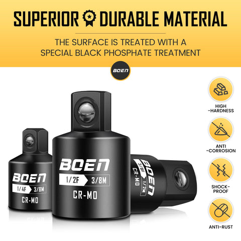 Four Piece Impact Socket Adapters And Reducers Set For One Quarter Three Eighths And One Half Inch Drives Built Tough With CR MO Steel Heavy Duty Converter Kit For Impact Wrenches And Drills, showing durable black CR-MO adapters.