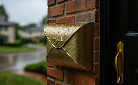 Sturdy Outdoor Wall Mount Mailbox With Gold Finish Built To Last Waterproof Weatherproof Envelope Mailbox For Outside Use Tough As Nails Modern Durable Metal Box For Home Or Porch secured to brick wall with rain droplets.