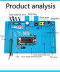 Pro Level Silicone Workbench Mat Featuring a Rock Solid Magnetic Surface and Smart 10 Slot Organizer Perfect for Soldering Phone Fixing and Lock Picking Practices Hella Heat Resistant 17.7 x 11.8 Inch with tools and layout details.