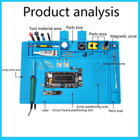 Pro Level Silicone Workbench Mat Featuring a Rock Solid Magnetic Surface and Smart 10 Slot Organizer Perfect for Soldering Phone Fixing and Lock Picking Practices Hella Heat Resistant 17.7 x 11.8 Inch with tools and layout details.