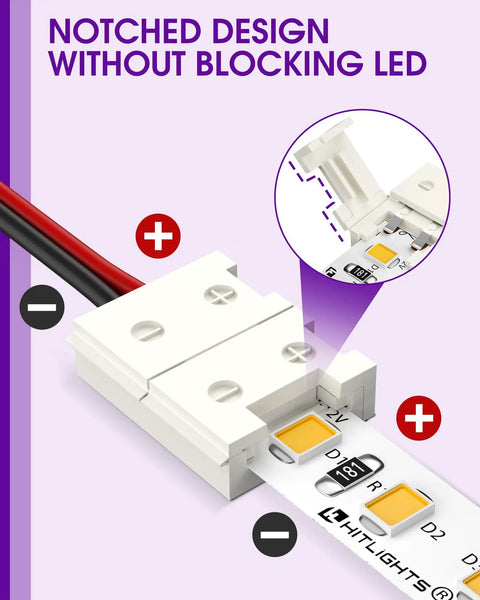 No-Solder No-Fuss Gapless LED Connector Kit For 8mm 2835 And 3528 LED Strips showing notched design for uninterrupted light.