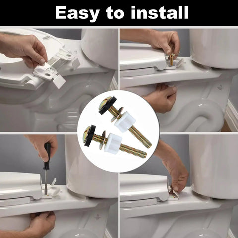 Universal Toilet Seat Screws Replacement Kit With Heavy Duty Fasteners Plastic Nuts Metal Washers And Rubber Washers Top Mount Toilet Seat Bolt And Screw Set For Easy Secure Toilet Seat Hinge Installation shown being installed on a toilet.