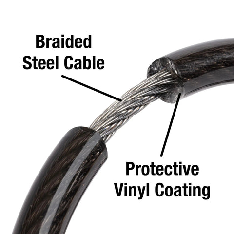 Close-up of braided steel cable with protective vinyl coating from 4 Foot Braided Steel Bike Cable Lock With Four Digit Combination Vinyl Coated Bicycle Lock.