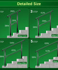 Built Tough Metal Handrail Kit With Fade Proof Finish And Fully Adjustable Height for 2 to 5 step installations, dimensions shown.