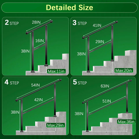 Built Tough Metal Handrail Kit With Fade Proof Finish And Fully Adjustable Height for 2 to 5 step installations, dimensions shown.