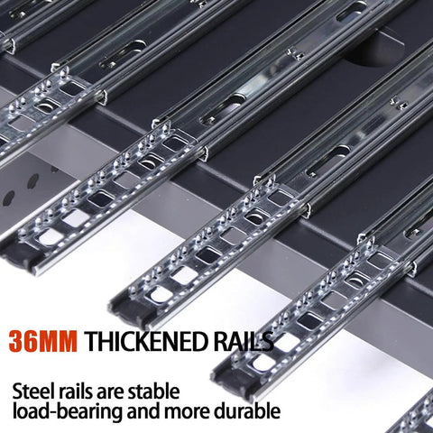 Close-up of 36mm thickened steel rails for the Real Deal Rolling Tool Chest With Two Secure Lockable Drawers And Heavy Gauge Cold Rolled Steel Build Designed Tough For Shop Grind And Weekend Warriors In Matte Black.