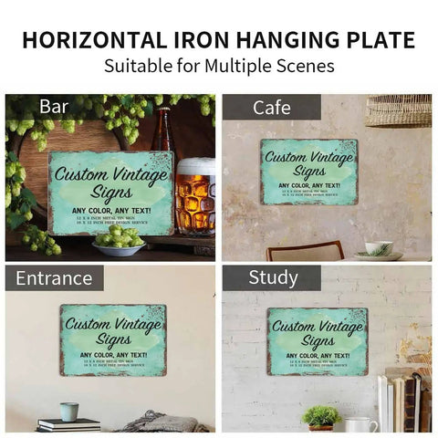 Customizable Metal Sign With Text Or Logo Made In USA displayed in bar, cafe, entrance, and study settings, durable and weatherproof