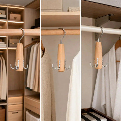 Heavy Duty Solid Wood Storage Hanger With Multiple Hooks awesome closet accessory organizer built tough, hanging in a closet.