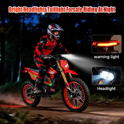 Rider on HAPPYRUN F18 Electric Dirt Bike Mid-Drive Motor 6000W Peak showing headlight and taillight in night setting