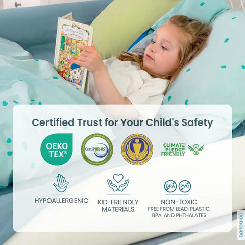 Child reading beside foam bed bumper, certified trust badges displayed, emphasizing safety and non-toxic materials.