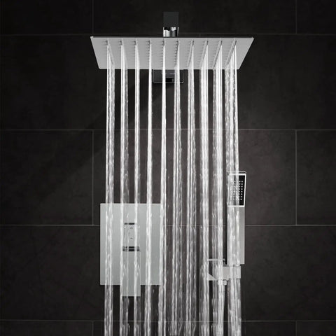 All-In-One Bathroom Rain Shower System With 12 Inch Square Shower Head And Handheld Sprayer in use, wall mount, chrome finish
