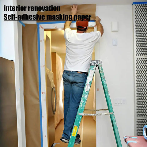Person applying Pro-Grade Pre-Taped Masking Paper With Built-In Painter Tape 20 Inch Wide By 90 Feet Long 2 Pack for home painting