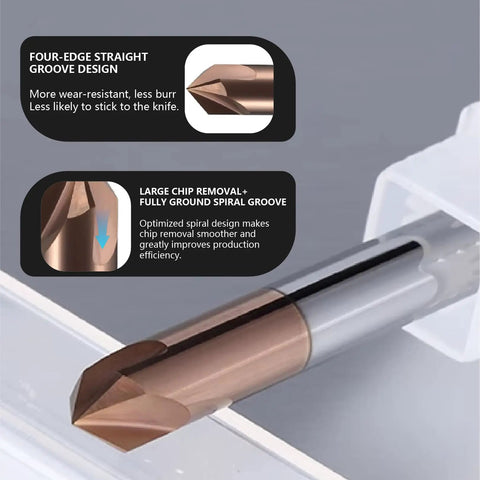 Three Eighths Inch Carbide Chamfer End Mill With Sixty Degree V Groove, Four Flutes TISIN Coated Milling Bit close-up view in plastic tube