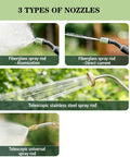 Rechargeable Garden Sprayer Wand with 2000mAh Battery, three nozzle types, fiberglass and stainless steel rods for gardens.