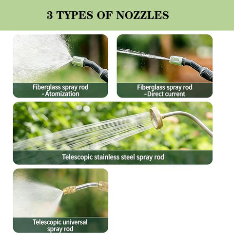 Rechargeable Garden Sprayer Wand with 2000mAh Battery, three nozzle types, fiberglass and stainless steel rods for gardens.