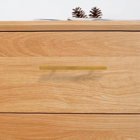 128mm gold kitchen cabinet handle on wooden drawer, part of Five Pack 128mm Gold Kitchen Cabinet Handles And Drawer Pulls For Wardrobe Cupboard Doors Polished Finish Cabinet Hardware For Home Renovation And Furniture Makeover.