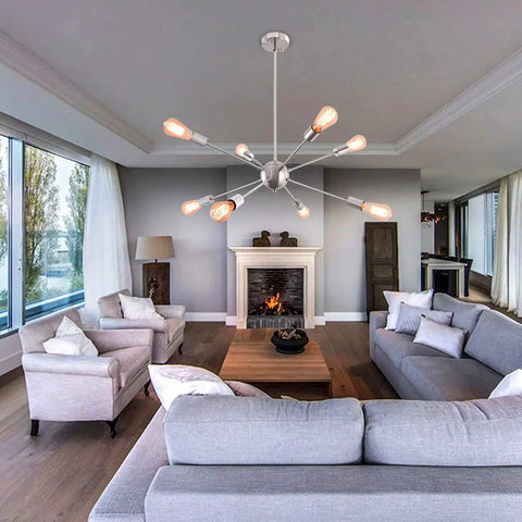 23.6 Inch Sputnik Chandelier With Brushed Nickel 8 Light Ceiling Fixture Adjustable Height Hanging Light in modern living room