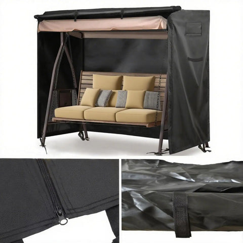 3 Seater Outdoor Swing Cover Beefed Up All Weather Protection Waterproof Patio Hammock Garden Porch Swing Canopy UV Resistant Glider Chair Cover 80 X 59 X 72 Inch with secure zipper and strap detail.