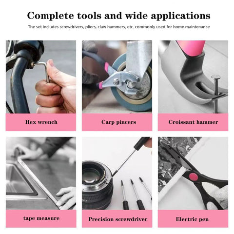 39 Piece All Purpose Pink Tool Kit For Women With Toolbox Small Tool Set Great For Home Garage Office And College Dorm Use Perfect Starter DIY Repair Kit With Hammer Pliers Screwdrivers Tape Measure And More showing hex wrench, pliers, hammer