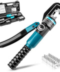 6 Ton Hydraulic Crimping Tool With 9 Die Pairs For 12 AWG To Two Zero Battery Cable Lugs And Wire Rope Crimper Heavy Duty Electrical Crimping For Welding Cables And Battery Cabling Pro Grade, shown with black handle, blue body, and assorted dies.