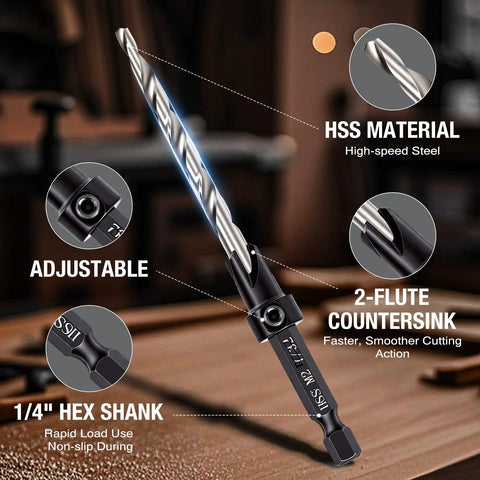 Five Piece Tapered Countersink Drill Bit Set For Wood With HSS And Quick Change Hex Shank Includes Pilot Hole And Countersink In One Step Adjustable Depth Stop Sizes Four Six Eight Ten Twelve, showing details of drill bit with hex shank and HSS material.