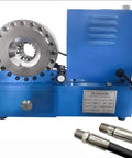 Heavy Duty Portable Electric Hose Crimping Machine With 8 Interchangeable Dies And Limit Switch For R1 R2 Hoses, blue unit with crimping head and tools.