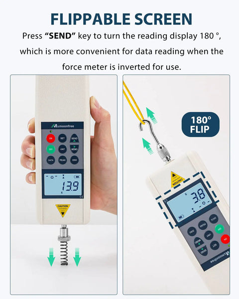 500N Digital Force Gauge Push Pull Meter With USB Output Real Time Data Streaming 999 Peak Data Storage Free Software For Easy Stats And Analysis High Precision Load Tester For Lab And Workshop Field Ready Gear, 180° flip screen
