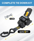 One Inch By Five Foot Bolt On Auto Retractable Ratchet Tie Down Strap Featuring Slick Quick Release Reel with bolt for securing cargo.