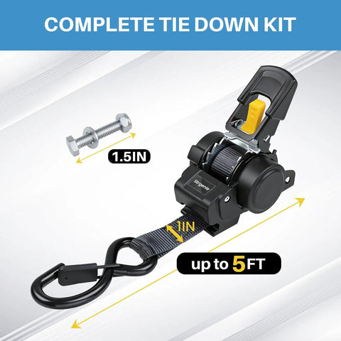 One Inch By Five Foot Bolt On Auto Retractable Ratchet Tie Down Strap Featuring Slick Quick Release Reel with bolt for securing cargo.
