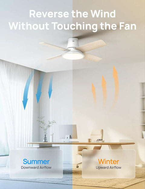 Image showing airflow direction with a 44 Inch Flush Mount Ceiling Fan With Bright Lights, Smart App And Remote Control.
