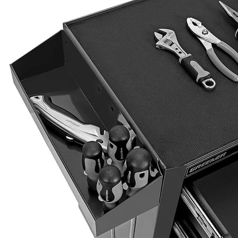 Close-up of top section of a Beefy Heavy Duty Rolling Tool Box With Five Drawers And Lockable Panels, Steel Cart Tool Chest On Wheels.