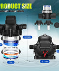 Front and side view of 12V Fresh Water Pump for RV and Boat, Diaphragm Pump with 3.5 GPM, 45 PSI, 1/2 NPT Connection, low noise, filters