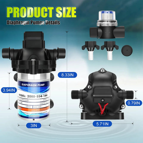 Front and side view of 12V Fresh Water Pump for RV and Boat, Diaphragm Pump with 3.5 GPM, 45 PSI, 1/2 NPT Connection, low noise, filters