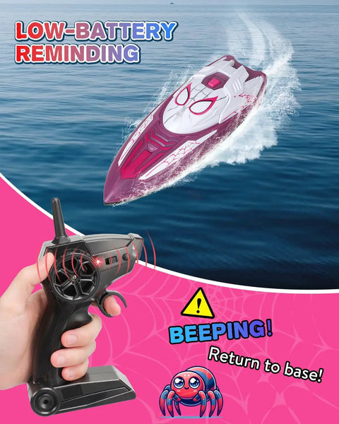 Spider Hero RC Boat With LED Lights, Spray Function, 2.4GHz Remote, Dual Rechargeable Batteries, Kid Friendly Pool Toy in action