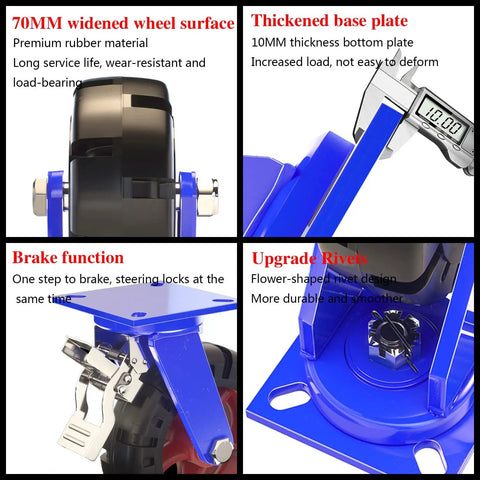 4 Pack Heavy Hitter Industrial Casters Featuring Dense Rubber Swivel Wheels Securely Mounted On Thick Steel Brackets, showcasing wide rubber wheel surface and durable base.