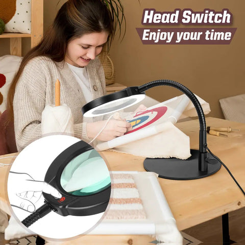 10X Magnifying Lamp With Light And Stand, 12.6 Inch Gooseneck Desk Magnifier With Five Color Modes and Stepless Dimmable LED used for embroidery
