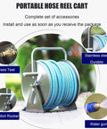 Heavy Duty Portable Wall Mount Garden Hose Reel With Durable Stainless Steel Hand Crank and One Half Inch Blue Hose, featuring brass teat and water gun.